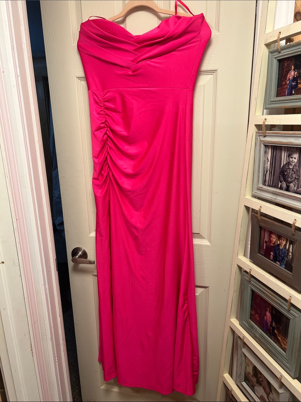 Hot Pink Women's Strapless Ruched Maxi Dress with split